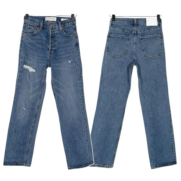 Denim Forum Size 23 Arlo Hi-Rise Straight Medium Blue Wash Stretch Denim Jeans - Picture 1 of 8